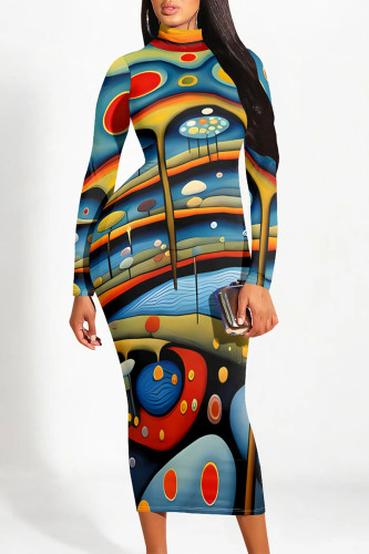 Blue Street Geometric Stripe Print Half A Turtleneck Long Sleeve Bodycon Maxi Dresses
