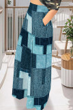 Blue Black Casual Faux Denim Print Pocket Loose High Waist Wide Leg Pants