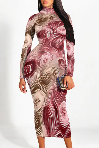 Red Street Geometric Stripe Print Half A Turtleneck Long Sleeve Bodycon Maxi Dresses