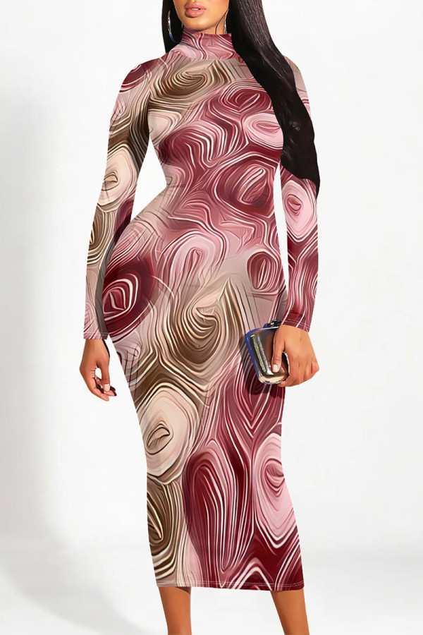 Red Street Geometric Stripe Print Half A Turtleneck Long Sleeve Bodycon Maxi Dresses