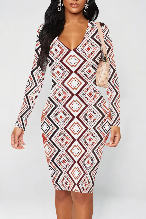 Burgundy Street Geometric Print V Neck Long Sleeve Bodycon Midi Dresses