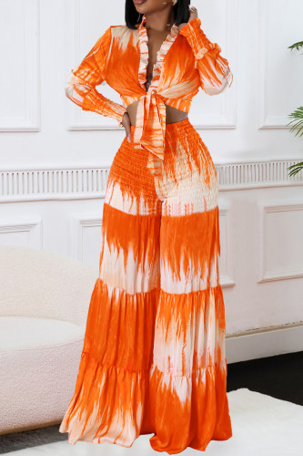 Tangerine Red Casual Print Patchwork Strap Design Deep V Neck Long Sleeve Two Pieces