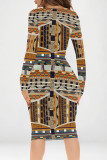 Purple Street Geometric Print V Neck Long Sleeve Bodycon Midi Dresses