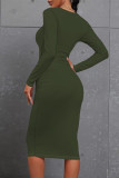 Brown Casual O Neck Long Sleeve Wrapped Skirt Bodycon Midi Dress