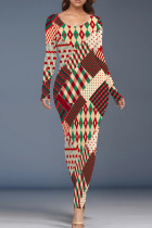 Red Green Casual Graphcis Print O Neck Long Sleeve Bodycon Maxi Dresses
