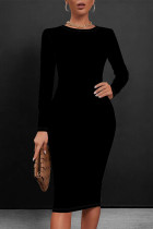 Black Casual O Neck Long Sleeve Wrapped Skirt Bodycon Midi Dress