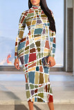 Multicolor Street Geometric Stripe Print Half A Turtleneck Long Sleeve Bodycon Maxi Dresses