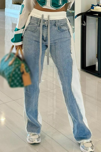 White Casual Draw String Pocket Buttons Zipper High Waist Straight Denim Jeans