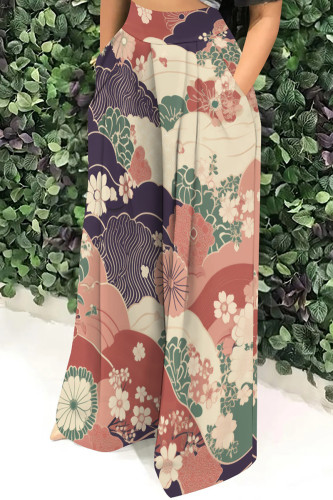 Multicolor Casual Floral Print Pocket Loose Mid Waist Wide Leg Pants