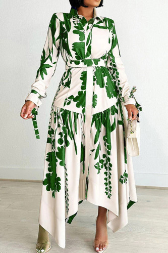 Green Elegant Print Patchwork With Belt Turndown Collar Irregular Dresses