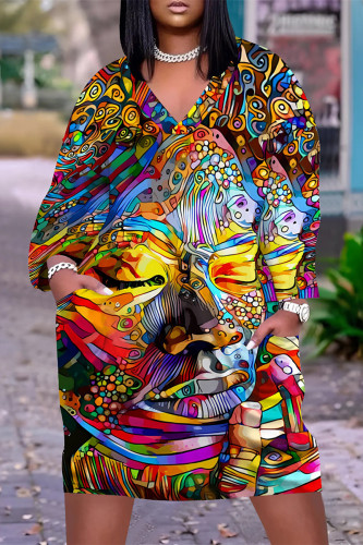 Multicolor Casual Street Figure Print V Neck Long Sleeve Casual Outing Plus Size Straight Loose Midi Dress