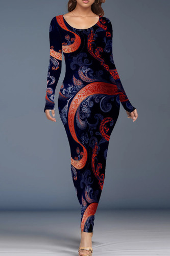 Fuchsia Casual Graphcis Print O Neck Long Sleeve Bodycon Maxi Dresses