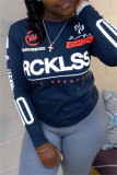 Navy Blue Casual Letter Print O Neck Long Sleeve Skinny Tops
