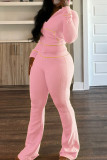 Yellow Casual Hooded Long Sleeve Pocket Zipper Crop Jackets And Flare Leg Pants Two Pieces Jogger Sets