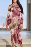 Multicolor Street Geometric Stripe Print Half A Turtleneck Long Sleeve Bodycon Maxi Dresses