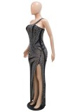 Black Hot Drill Oblique Collar Backless Side Slit Long Formal Evening Party Bodycon Maxi Dress