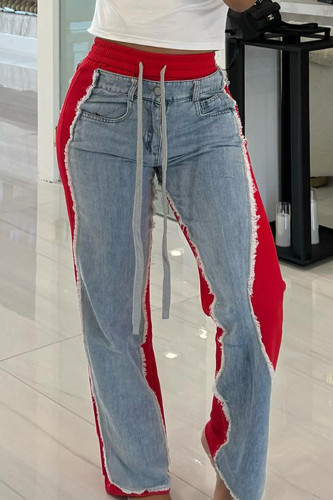 Red Casual Draw String Pocket Buttons Zipper High Waist Straight Denim Jeans