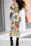 Multicolor Street Geometric Stripe Print Half A Turtleneck Long Sleeve Bodycon Maxi Dresses