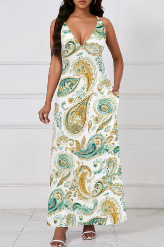 White Green Casual Boho Graphics Print V Neck Sleeveless Pocket Long Vacation Maxi Slip Dresses