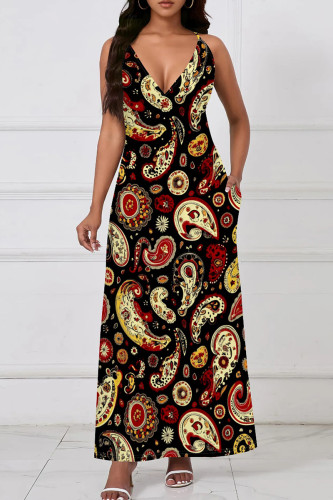 Black Yellow Casual Boho Graphics Print V Neck Sleeveless Pocket Long Vacation Maxi Slip Dresses