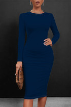 Navy Blue Casual O Neck Long Sleeve Wrapped Skirt Bodycon Midi Dress