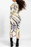 Multicolor Street Geometric Stripe Print Half A Turtleneck Long Sleeve Bodycon Maxi Dresses