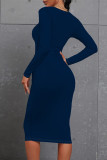 Brown Casual O Neck Long Sleeve Wrapped Skirt Bodycon Midi Dress