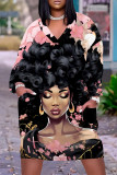 Multicolor Casual Street Figure Print V Neck Long Sleeve Casual Outing Plus Size Straight Loose Midi Dress