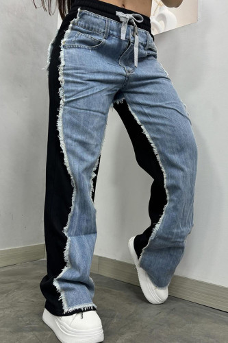 Black Casual Draw String Pocket Buttons Zipper High Waist Straight Denim Jeans
