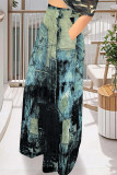 Blue Black Casual Faux Denim Print Pocket Loose High Waist Wide Leg Pants
