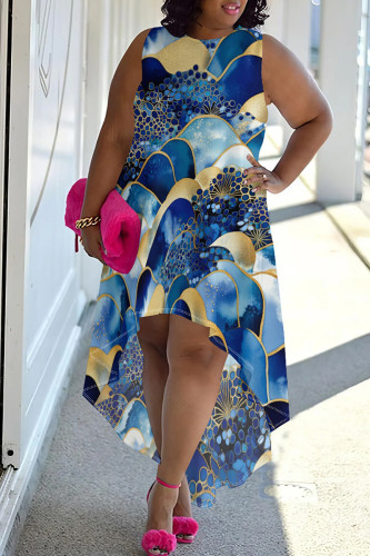 Golden Blue Casual Graphics Print O Neck Sleeveless Irregular Heam Plus Size Straight Loose Midi Dress