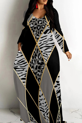 Black Gray Casual Graphics Print V Neck Long Sleeve Long Pokcets Vacation Loose Maxi Dress
