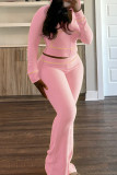 Yellow Casual Hooded Long Sleeve Pocket Zipper Crop Jackets And Flare Leg Pants Two Pieces Jogger Sets