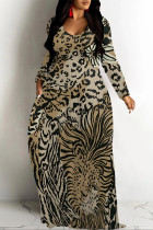 Dark Brown Casual Butterfly Leopard Print Long Sleeve Floor Length Loose Vacation Baggy Maxi Dress