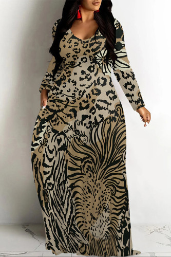 Dark Brown Casual Butterfly Leopard Print Long Sleeve Floor Length Loose Vacation Baggy Maxi Dress