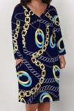 Black Gray Casual Chain Leopard Print Pocket V Neck Long Sleeve Pockets Straight Loose Midi T-Shirt Dress