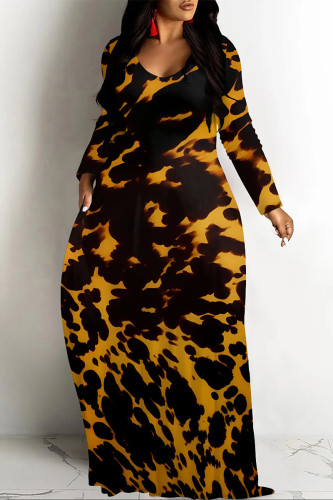 Black Yellow Casual Butterfly Leopard Print Long Sleeve Floor Length Loose Vacation Baggy Maxi Dress