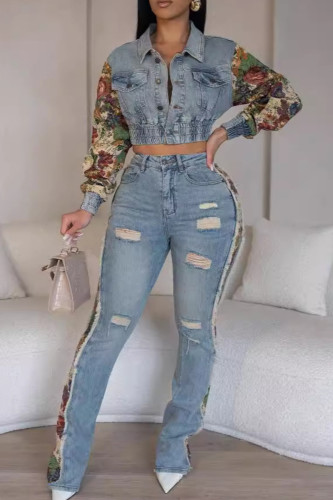 Blue Casual Floral Print Zipper Turndown Collar Long Sleeve Denim Patchwork Pocket Buckle Crop Jackets And Ripped Pants Two Pieces Trouser Sets