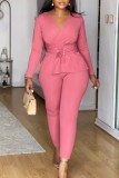 Pink Deep V Neck Long Sleeve Cross Straps Blouse And Skinny Pants Formal Office Lady Two Pieces Trouser Sets