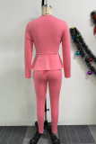 Pink Deep V Neck Long Sleeve Cross Straps Blouse And Skinny Pants Formal Office Lady Two Pieces Trouser Sets