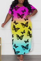 Rose Red Casual Striped Butterfly Print O Neck Short Sleeve Side Slit Long Plus Size T-shirt Midi Dresses