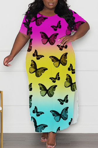 Rose Red Casual Striped Butterfly Print O Neck Short Sleeve Side Slit Long Plus Size T-shirt Midi Dresses