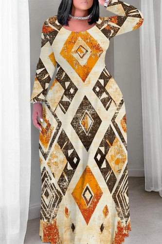 Light Khaki Casual Graphcis Print Long Sleeve Floor Length Loose Vacation Baggy Maxi Dress