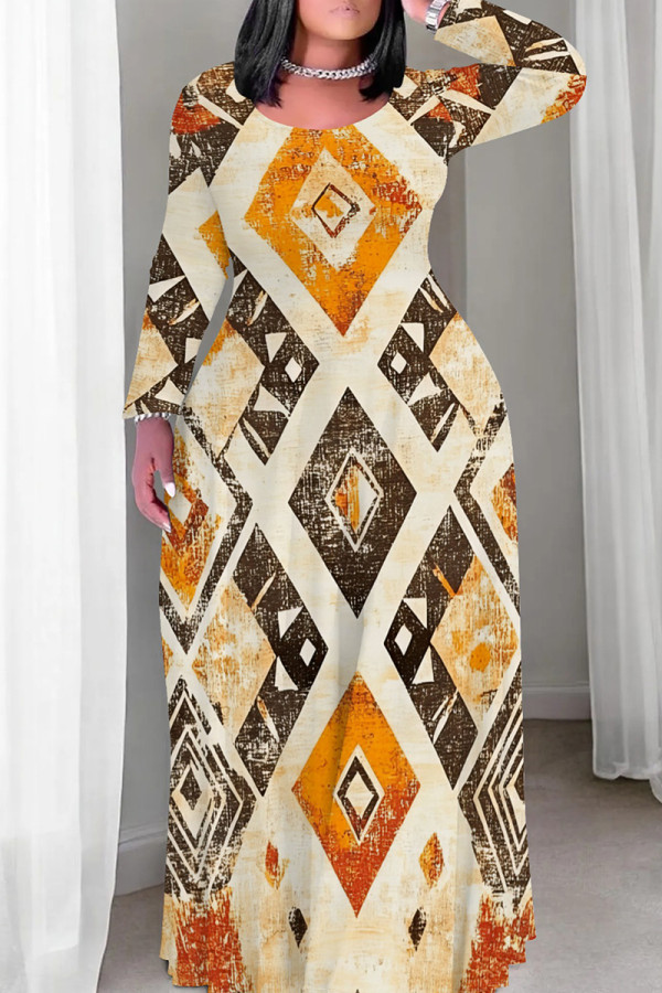 Light Khaki Casual Graphcis Print Long Sleeve Floor Length Loose Vacation Baggy Maxi Dress