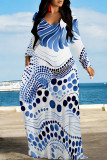 Blue Gray Casual Butterfly Leopard Print Long Sleeve Floor Length Loose Vacation Baggy Maxi Dress