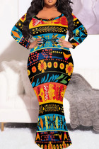 Yellow Red Casual Boho Floral Print O Neck Long Sleeve Long Formal Party Evening Plus Size Bodycon Maxi Dress