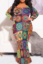 Multicolor Casual Boho Floral Print O Neck Long Sleeve Long Formal Party Evening Plus Size Bodycon Maxi Dress