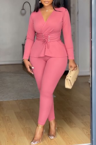 Pink Deep V Neck Long Sleeve Cross Straps Blouse And Skinny Pants Formal Office Lady Two Pieces Trouser Sets