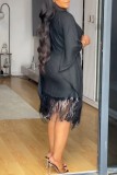 White Stripe Print O Neck Flared Sleeves Fringe Hem Wrapped Skirt Formal Evening Party Midi Dresses