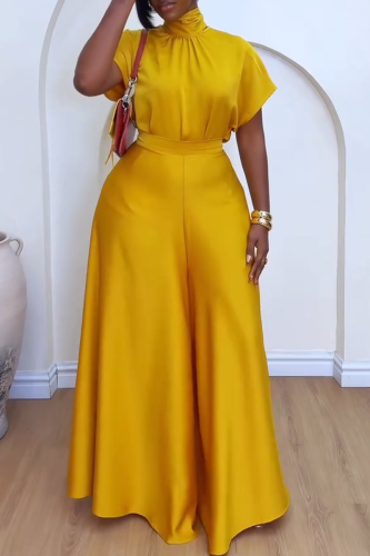 Yellow Turtleneck Short Sleeve Pants Knotted Blouse And Wide Leg Pants Formal Office Lady Two Pieces Trouser Sets